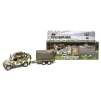 Landrover met camouflage print en aanhanger